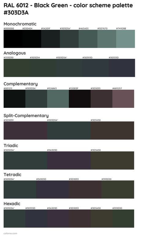 RAL 6012 - Black Green Color Scheme Palettes Green And Black Color Palette, Druid Necromancer, Green Color Chart, Green Color Palettes, Grey Paint Schemes, Green Color Names, Colors Name In English, Black Green Color, Green Color Scheme