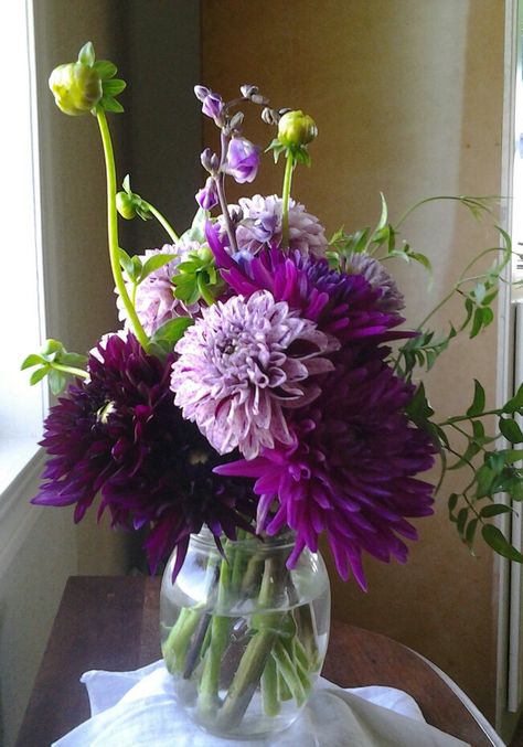 Dahlias ~ 'Imperial Wine, Pot Luck & Purple Gem' Purple Flower Arrangements Centerpieces, Purple Dahlia Bouquet, Flower Arrangements Purple, Purple Floral Arrangements, Hannah Carpenter, Purple Dahlias, Daisy Flower Arrangements, Dahlia Flower Arrangements, Dahlia Centerpiece