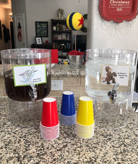 Toy Story Punch Ideas, Toy Story Themed Drinks, Toy Story Punch, Buzz Lightyear Food, Toy Story Drink Ideas, Toy Story Party Snacks, Two Year Old Toy Story Party, Toy Story Drinks, Reach 4 The Sky Birthday Toy Story