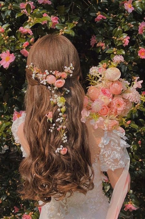 Explore board "Princess Hairstyles" on Pinterest. See more ideas about long hair styles, hair styles, hairstyle. Flowers In Hair Half Up Half Down, Hair With Flowers Aesthetic, Princess Core Hairstyles, Half Up Half Down Hair With Flowers, Hair With Flowers In It, Enchanted Forest Hairstyles, Flowers In Hair Aesthetic, Wedding Hairstyles Flowers, Gorgeous Hair Styles