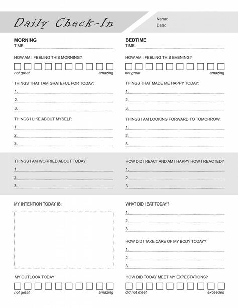 Reflection Of The Day, Daily Check In Template, Daily Mental Check In, Mental Health Journaling Printable, Daily Journal Prompts For Mental Health, Daily Check In, Feelings Check In, Mental Health Work Activities, Mental Health Check In