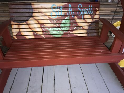 Painted swing #DIY #prettyporch #sunflower Painted Park Bench Ideas, Sunflower Bench, Porch Swing Ideas, Porch Glider, Painted Porch, Painted Outdoor Furniture, Diy Porch Swing, Porch Flowers, Wooden Porch