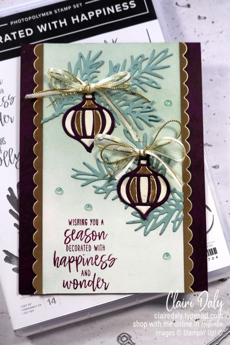 Stampin Up Decorated with Happiness 2022 Christmas Card by Claire Daly, Stampin Up Demonstrator, Melbourne Australia Stampin Up Decorated Pine Dies, Su Decorated With Happiness, Su Decorated With Happiness Cards, Decorated With Happiness Stamp Set, Stampin Up Christmas Cards 2022, Stampin Up Decorated With Happiness, Decorated With Happiness, Papercraft Christmas Cards, Stamped Christmas Cards