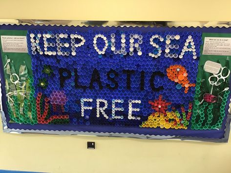 Environmental Art Projects, Environmental Projects At School, School Council, Sustainability Activities, Bottle Top Art, Plastic Bottle Tops, Science Fair Projects Boards, Ocean Projects, Earth Day Crafts