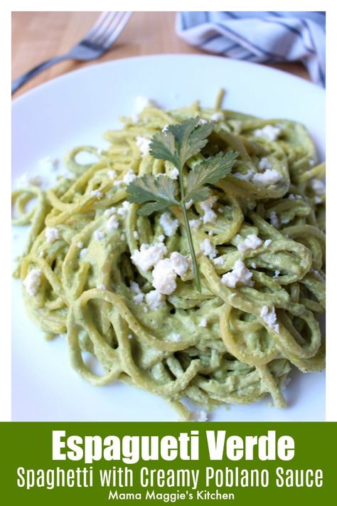 Green Spaghetti Recipe, Mexican Spaghetti, Poblano Sauce, Authentic Mexican Recipes, Green Pasta, Green Spaghetti, Mexican Recipe, Potato Rice, American Recipes