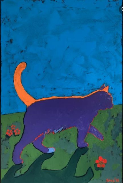 Art In House, Bristol Uk, Bristol, A Cat, Oil On Canvas, Walking, Orange, Canvas, Flowers