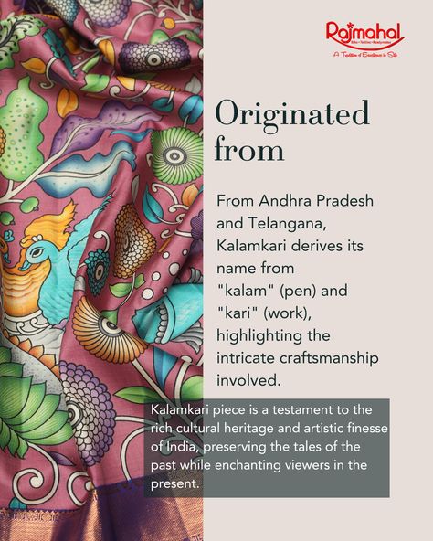 Kalamkari silk sarees originated from the ancient city of Machilipatnam in Andhra Pradesh, India. This traditional art form dates back several centuries and showcases the skilled craftsmanship of local artisans. 🎨 Website: www.rajmahalsilks.com WhatsApp: 7200333333 / 7200111111 #KalamkariSilkSaree #IndianTextiles #HandcraftedElegance #MachilipatnamArt #AncientCraftsmanship #AndhraPradeshCulture #HeritageFashion #TraditionalWeaves #ArtisticTradition #IndianArtistry #HandloomSaree Indian Textiles, Ancient City, Heritage Fashion, Andhra Pradesh, Saree Look, Local Artisans, Ancient Cities, Handloom Saree, Traditional Art