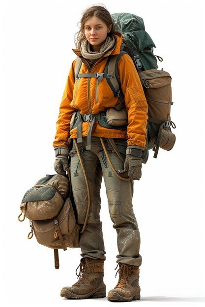 Photo full body character design of hike... | Premium Photo #Freepik #photo Japanese Hiking Outfit, Full Body Character Design, Outdoor Style Women, Body Character Design, Preppy Camping, Full Body Character, Real References, Hike Outfit, Hiking Style