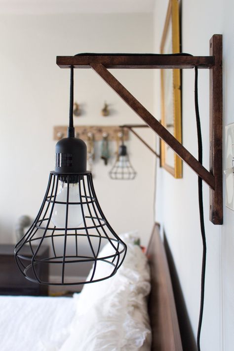 Ikea pendant light wired through wooden support... Taylor & Alana’s Carefully Crafted Hoboken Apartment Hoboken Apartment, Ikea Pendant Light, Industrial Bedroom, Apartment Decorating, Diy Lamp, Small Apartment, Bedroom Lighting, Apartment Therapy, Lamp Design