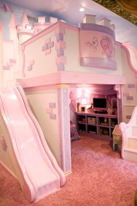 Fit For A Fairytale Princess Castle Bed, Girly Pink Bedroom, Bed For Girls Room, Princess Bedrooms, Castle Bed, Pink Bedroom Design, Castle Bedroom, Bunk Bed With Slide, Kids Loft