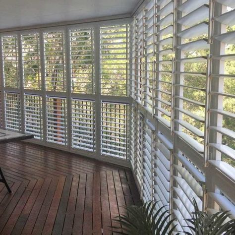 Outdoor Shutters Brisbane | Patio Shutters | Patio Enclosures | Brisbane Outdoor Shutters For Patio, Balcony Shutter Ideas, Enclosed Verandah Ideas Australia, Deck Shutters, Patio Enclosure Ideas, Queenslander Interior, Patio Door Shutters, Brisbane House, Outdoor Blinds Patios