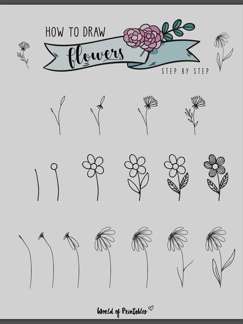 Flower Bunch Doodle, Wildflower Doodles Simple, Botanical Line Drawing Step By Step, How To Draw Lillies, Drawing Flowers Doodles, How To Draw Wildflowers, Flower Doodles Step By Step, Bullet Journal Flower Doodles, How To Draw Flowers Step By Step