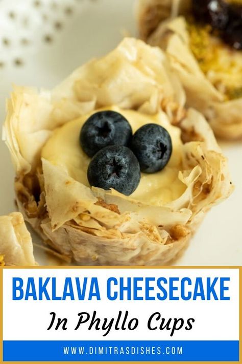 INDIVIDUAL BAKLAVA CHEESECAKES - Dimitras Dishes Mini Baklava Cheesecake, Cheesecake Baklava, Bougatsa Recipe, Easy Dessert Idea, Dimitras Dishes, Greek Baklava, Desserts Cheesecake, Baklava Cheesecake, Greek Recipes Authentic