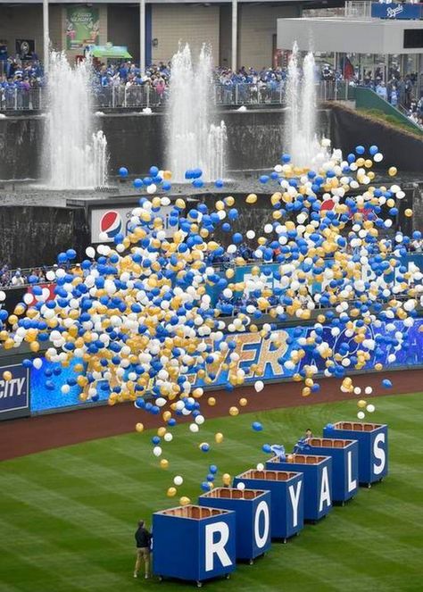 Balloons were released in the opening ceremonies Monday, April 6, 2015, at the Kansas City Royals season opening game with the Chicago White Sox at Kauffman Stadium. Opening Ceremony Ideas, Release Ceremony, Launch Event Ideas, Groundbreaking Ceremony, Kc Royals Baseball, Kauffman Stadium, Sporting Kc, Kansas City Royals Baseball, Gallery Opening