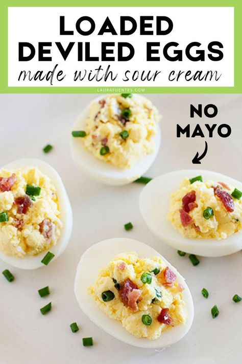 loaded deviled eggs Deviled Eggs With Sour Cream, Potato Deviled Eggs, Loaded Deviled Eggs, Baked Potato Dinner, Eggs With Bacon, Deviled Egg Recipe, Salad Jar Recipe, Eggs And Cheese, Easter Side Dishes