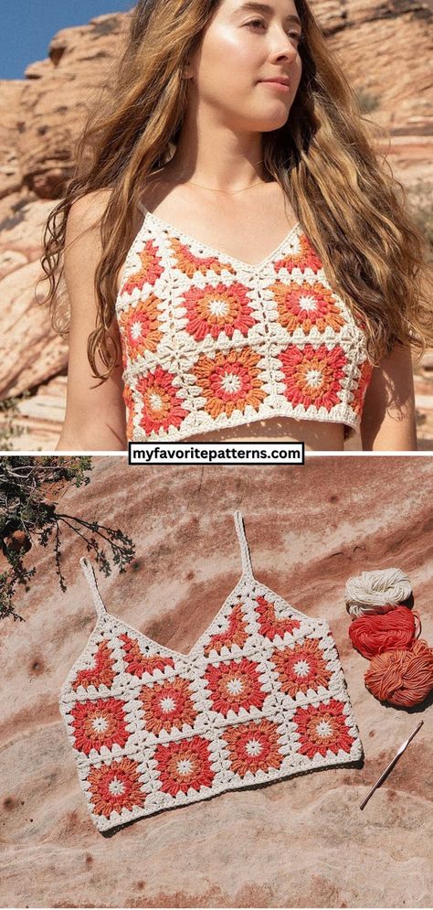 Free Crochet Summer Top With Granny Squares Pattern Amanda Love Santos Crochet, Granny Square Tops Crochet, Granny Square Tank Top Crochet Pattern, Plus Crochet Top, Crochet Top Two Colors, Crochet Top Pattern Granny Square, Crochet Top Free Pattern Summer, Summer Crochet Granny Squares, Granny Square Top Tutorial