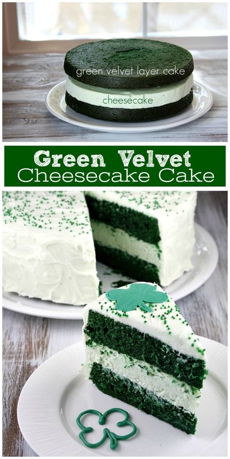 Green Velvet Cheesecake Cake recipe from RecipeGirl.com : two layers of green velvet cake with cheesecake in the middle #green #velvet #cheesecake #cake #recipe #StPatricksday #RecipeGirl via @recipegirl Green Deserts, Green Cheesecake, Green Sweets, Green Velvet Cake, Cheesecake Cake Recipes, Creamsicle Cake, Velvet Cakes, Cookies Kids, Velvet Cheesecake