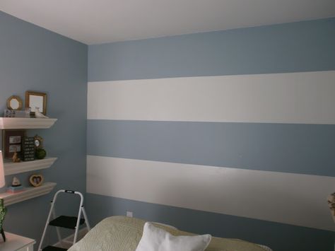 Horizontal Stripes – Before and After!! Horizontal Stripes On Wall, Striped Bedroom Walls, Teal Kids Room, Grey Wallpaper Accent Wall, Striped Walls Horizontal, Gray Accent Wall Bedroom, Painting Horizontal Stripes, Striped Accent Walls, Painting Stripes On Walls