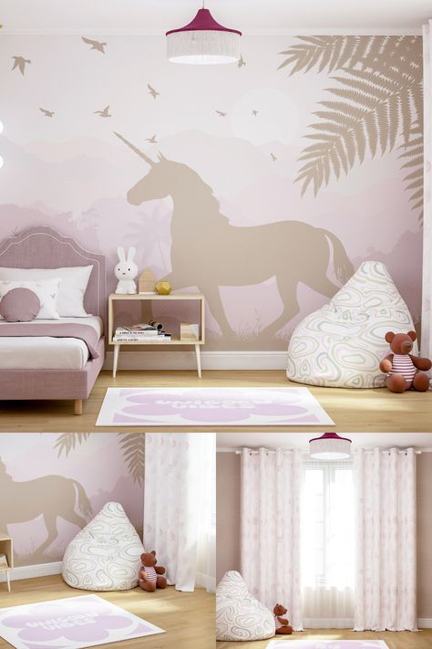 Unicorn Wallpaper Girl Nursery / Pastel Grey Pink Mountains Wallpaper Mural Peel Stick Kids / Soft Beige Lilac Wall Paper Toddler Bedroom WE OFFER 2 TYPES OF MATERIAL: ☛ Easy install Vlies / Non-Woven wallpaper ☛ Self-adhesive Peel and Stick Wallpaper. Subtle Unicorn Bedroom, Pink Mountains Wallpaper, Girls Room Unicorn, Nursery Pastel, Lilac Wall, Unicorn Bedroom, Pink Mountains, Toddler Bedroom, Pastel Grey