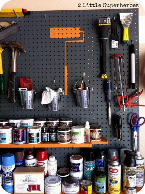 DIY::Garage Paint Storage Hanging Garage Shelves, Garage Wall Shelving, Pegboard Garage, Garage Paint, Pegboard Storage, Overhead Garage Storage, Paint Tools, Garage Storage Solutions, Garage Organization Diy