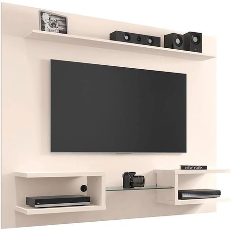 PRICES MAY VARY. Enjoy that Lasting Elegant Look with the Plaza 64. 25 Entertainment Center by Manhattan Comfort, Featuring a Gorgeous Floating Design with a Mid-Century Modern Look in an Eye-catching Off White Finish. Measures 64. 25" L in. x 11. 65" W in. x 53. 54" H in. and Weighs 90. 28 lbs. Home Assembly Required. Crafted from Durable Medium-Density Particle Board. Floating Media Theater Design with Glass Center Shelf and a Overhead Floating Shelf. Fits Up to 50-Inch TVs. Beautiful Minimali Tv Shelf Design, Wall Mounted Media Console, Wall Mount Tv Stand, Wall Entertainment Center, White Entertainment Center, Floating Entertainment Center, Feature Wall Design, Home Movie, Shelf Dividers