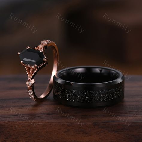 Here we have a Black Onyx Ring Set, His and Hers Wedding Band, Black Sandstone Mens Ring, Rose Gold and Tungsten Ring, Black Gemstone Couples Ring ITEM DESCRIPTION ✦ Handmade, high-quality item! ✦ Material: Sterling Silver/Tungsten ►Sold as a two-piece set ►His ring is Black Tungsten Carbide with black sandstone ►His band width: 8mm ►His tungsten ring will not turn green itself and will not cause your skin to turn green.  ►Her ring is Rose Gold Filled over 925 solid Sterling Silver.(can be made Rose Gold And Black Wedding Ring, Goth Engagement Rings Men, Dark Wedding Bands, Black Moissanite Engagement Ring, Black Diamond Ring Men, Black Rose Gold Wedding, Black Wedding Ring, Wedding Band Black, Neck Pieces Jewelry