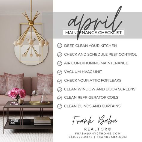 April Maintenance Checklist ✅🏡🌻 February Home Maintenance Checklist, April Real Estate Marketing, March Home Maintenance Tips, April Home Maintenance Checklist, April Real Estate, January Home Maintenance Checklist, Spring Home Maintenance Checklist, Real Estate Slogans, Air Conditioning Maintenance