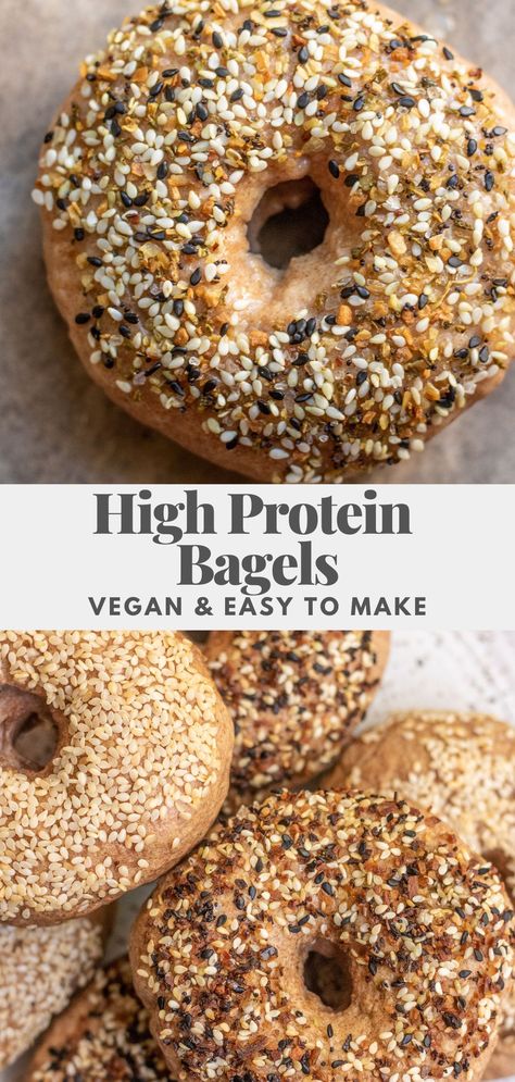 These high protein bagels are vegan and an easy and healthy breakfast option made with 2 main ingredients that provide 12 grams of high quality plant based protein per bagel. High Protein Bagels, Vegan Protein Breakfast, Protein Bagels, High Protein Vegan Breakfast, Vegan Bagel, Vegan Protein Recipes, Vegan Breakfast Easy, High Protein Vegan Recipes, Protein Bread