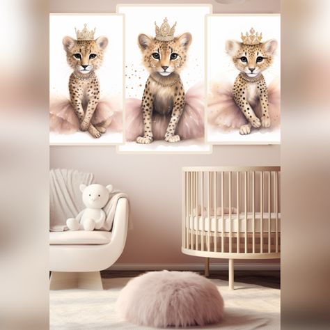 High-resolution, digital artwork of a royal baby cheetah in a pink/rose gold tutu with tiara and jewelry. Perfect for a baby girl’s fancy pink or animal-themed nursery. Cheetah Nursery Baby Girl, Cheetah Nursery, Wild Animal Nursery, Safari Baby Room, Baby Cheetah, Girl Nursery Pink, Gold Tutu, Girl Nursery Themes, Safari Theme Nursery