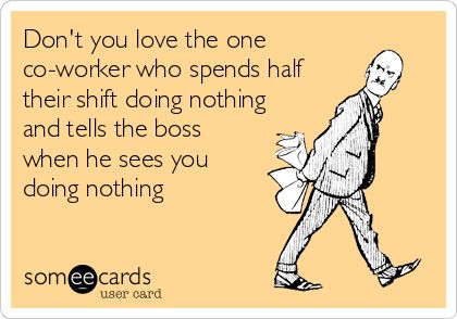 Don't you love the one co-worker who spends half their shift doing nothing and tells the boss when he sees you doing nothing. Bad Coworkers, Comeback Quotes, Motivating Employees, Lazy Coworker, Retail Problems, Annoying Coworkers, Workplace Humor, Doing Nothing, Office Humor