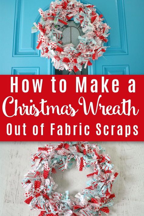 Fabric Scrap Wreath Diy, Tied Fabric Wreath, Fabric Wreaths Diy No Sew Christmas, Material Christmas Decorations, No Sew Fabric Christmas Crafts, Christmas Wreaths Fabric, Easy To Make Christmas Wreaths, Fabric Christmas Wreath Diy, Christmas Fabric Wreaths Diy