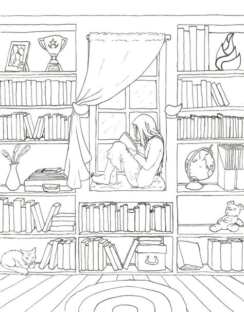 Drawing Of Library, Drawings Of Books On Shelf, Reading Room Drawing, Library Room Drawing, Reading Nook Drawing, Drawing Reading Book, Girl Reading Drawing, Girl Reading Book Drawing, Window Seat Drawing