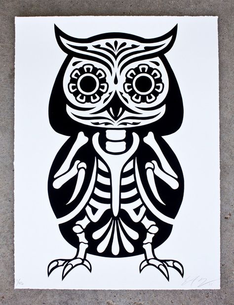 animal screen prints, inspired by Day of the Dead are a collaborative project between Ernesto Yerena and Phil Lumbang. Prints can be purchased individually for $45 each Owl Skeleton, Sugar Skull Owl, Owl Stencil, Pumpkin Templates, Owl Pumpkin, Pumpkin Stencils, Day Of The Dead Art, Animal Stencil, Pumpkin Stencil