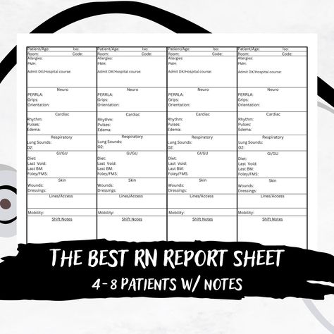 Excited to share this item from my #etsy shop: The Best RN Report Sheet for 4 to 8 Patients, Icu, Pcu, Med Surg, Day or Night Shift, New Grad RN/Nursing School Report Sheet, Printable PDF 4 Patient Report Sheet, Ltc Nursing, Pcu Nurse, Nurse Brain, Lung Sounds, Cardiac Rhythms, Nurse Report Sheet, Med Surg, New Nurse