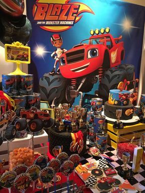 Blaze and the monster machine | CatchMyParty.com Machine Birthday Party, Monster Truck Theme Birthday Party, Blaze Birthday Cake, Blaze Birthday Party, Blaze Party, Blaze And The Monster Machines Party, Truck Theme Birthday, Monster Truck Theme, Blaze Birthday