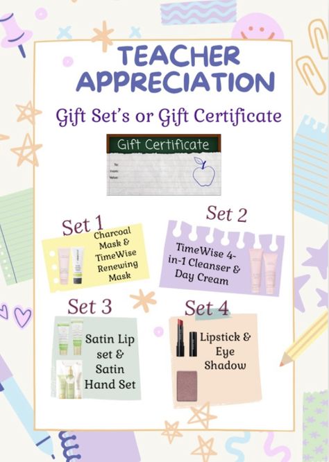 Mary Kay Teacher Appreciation, Mary Kay Gifts, Mary Kay Marketing, Mary Kay Business, Satin Hands, Charcoal Mask, Lip Set, Gift Certificates, Appreciation Gifts