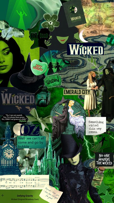 Theatre Collage, For Good Wicked, Elphaba Wicked, Musical Wallpaper, The Witches Of Oz, Elphaba And Glinda, Wicked Musical, Disney Collage, Defying Gravity