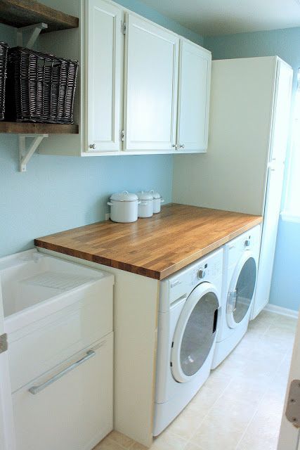 Laundry room: butcher block countertops, salvaged cabinets in Benjamin Moore Cloud Cover, open shelves, utility sink: Tanner Projects Ikea Laundry, Ikea Laundry Room, House Laundry Room, Laundry Room Hacks, Laundry Room/mud Room, Laundry Room Cabinets, Laundry Room Remodel, Laundry Room Inspiration, Utility Sink