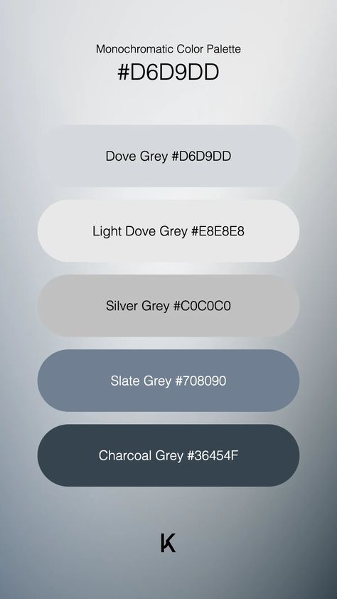 Monochromatic Color Palette Dove Grey #D6D9DD · Light Dove Grey #E8E8E8 · Silver Grey #C0C0C0 · Slate Grey #708090 · Charcoal Grey #36454F Gray And Blue Aesthetic, Color Scheme Blue, Calm Color Palette, Monochromatic Color Palette, Hex Color Palette, Blue Color Schemes, Hex Colors, Blue White And Black, Dove Grey