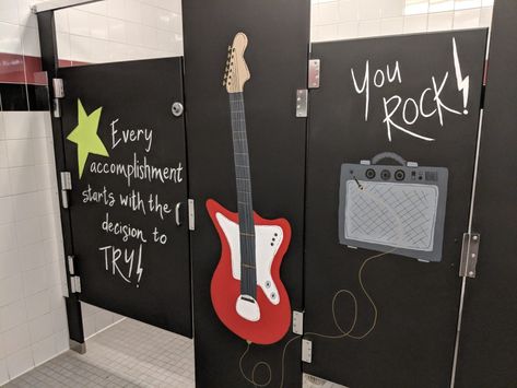 Inspiration Stalls - Boys School Bathroom Stall Art Makeover and Positive Messages Be Somebody, Decision to Try, You Rock, Rockstar, Guitar, Music School Bathroom Stall, Rockstar Guitar, School Restroom, Bathroom Mural, School Improvement, School Bathroom, Bathroom Stall, School Hallways, School Murals