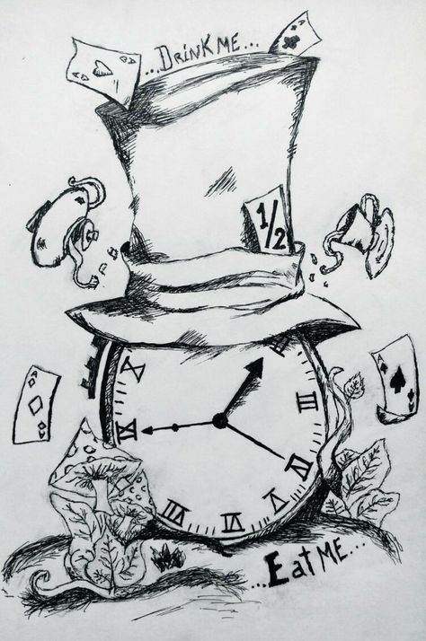 Alice In Wonderland Clocks, Alice And Wonderland Tattoos, Clock Drawings, Alice In Wonderland Drawings, Wonderland Tattoo, Alice And Wonderland Quotes, Disney Art Drawings, Drink Me, Pencil Art Drawings