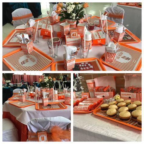 Whataburger table   Dinner Theater table Party table Senior Serve table Whataburger Wedding, Senior Serve Table, Theme Dinners Ideas, What A Burger, Homecoming Decorations, Cheer Banquet, Burger Party, Dinner Theater, Kylie Birthday