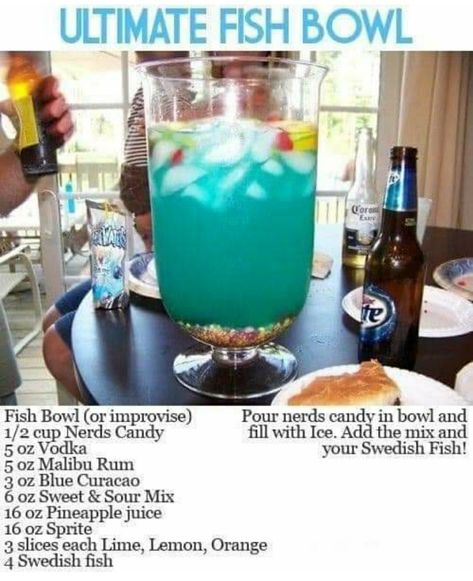 Fish Bowl Recipe, Fishbowl Drink, Sugar Mama, Nerds Candy, Malibu Rum, Swedish Fish, Sour Mix, Blue Curacao, Fish Bowl