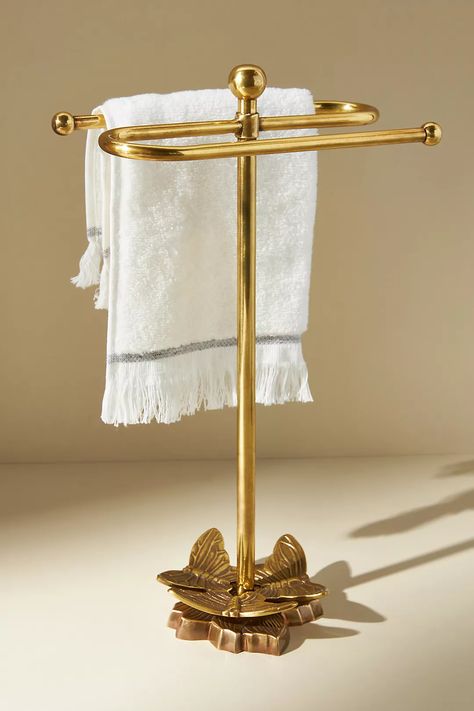 Melody Towel Stand | AnthroLiving Hand Towel Stand Bathroom, Hand Towels Bathroom Display, Standing Hand Towel Holder, Towel Stand Bathroom, Bathroom Restock, Industrial Towel Holder, Wooden Towel Rack, Hand Towel Stand, Rustic Towel Rack