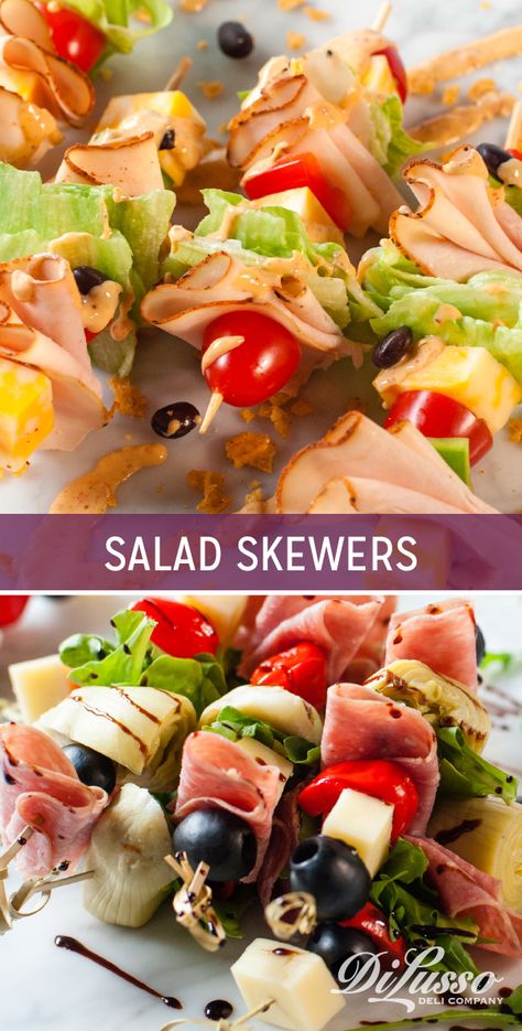 Salad Screwers, Salad On A Skewer, Mini Salad Appetizers, Salad Skewers Appetizers, Skewer Apps, Wedge Salad Skewers, Skewer Ideas, Boat Lunch, Anti Pasta