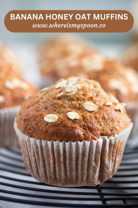 Our favorite honey oat banana muffins made with oil instead of butter. Partially whole wheat muffins using overripe bananas, perfect for breakfast or as a sweet treat any time of the day. #whereismyspoon #honeyoatbananamuffins #honeybananamuffins #oatbananamuffins #oatmealbananamuffins Muffins Made With Oil, Oat Banana Muffins, Steel Oats, Wheat Muffins, Oatmeal Muffins Healthy, Honey Muffins, Whole Wheat Muffins, Banana Muffins Easy, Banana Oatmeal Muffins