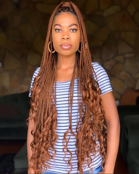 #GoddessBraids #LongGoddessBraids #CurlyBoxBraids #BoxBraidsWithCurls Goddess Box Braids Styles, Knotless With Curly Ends, Goddess Box Braids Hairstyles, Two Goddess Braids, Goddess Braid Ponytail, Box Braids Styles, Ginger Braids, Jumbo Knotless, Braids With Fade