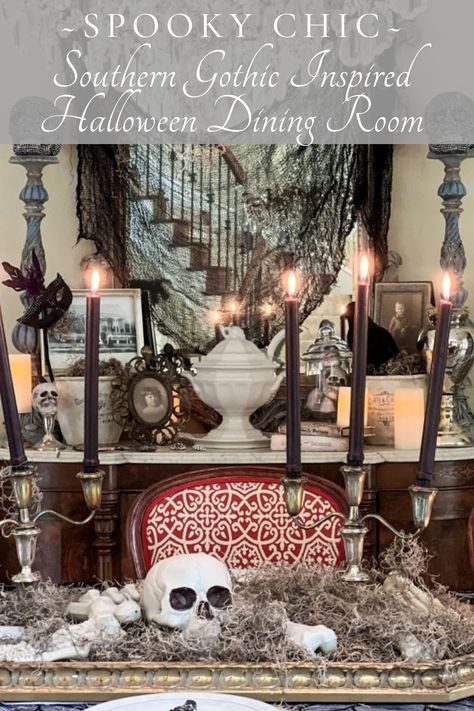 Elements and tips to create this vintage and elegant theme for Halloween! Gothic Dining Room, Large Glass Candle Holders, Halloween Dining Room, Halloween Tour, Cheap Halloween Decorations, Victorian Halloween, Spooky Chic, Halloween Room, Halloween Tablescape