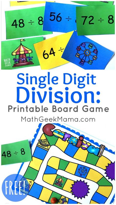 Looking for a quick and easy way to practice division facts? This fun single digit division game is low prep and can be played again and again to help kids master their math facts. Plus, it's FREE for you to download! Division Games 3rd, Division Lesson, Easy Math Games, Printable Math Games, Division Games, Math Rotations, Division Facts, Math Geek, Math Division