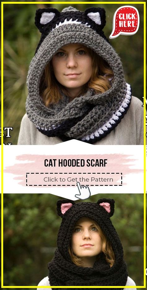 Crochet Hooded Scarf Pattern, Crochet Hooded Cowl, Hooded Scarf Pattern, Crochet Cat Hat, Crochet Hooded Scarf, Crochet Hood, Cap Patterns, Crochet Cap, Hat And Scarf